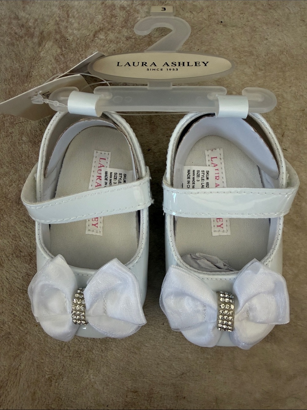 Laura Ashley White Patent Girls' Bow Mary Janes with Rhinestone Accent